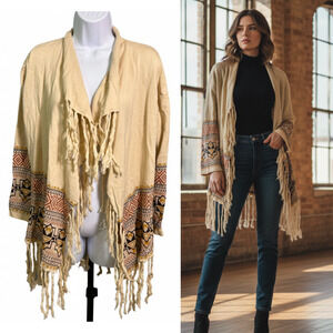Vintage Reba Southwestern Bohemian Fringe Cardigan Womens Small Open Front